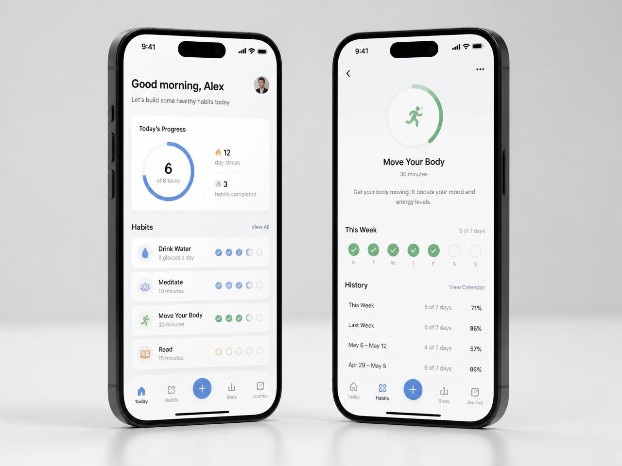Écrans de l'application mobile Wellness Loop présentés sur deux smartphones